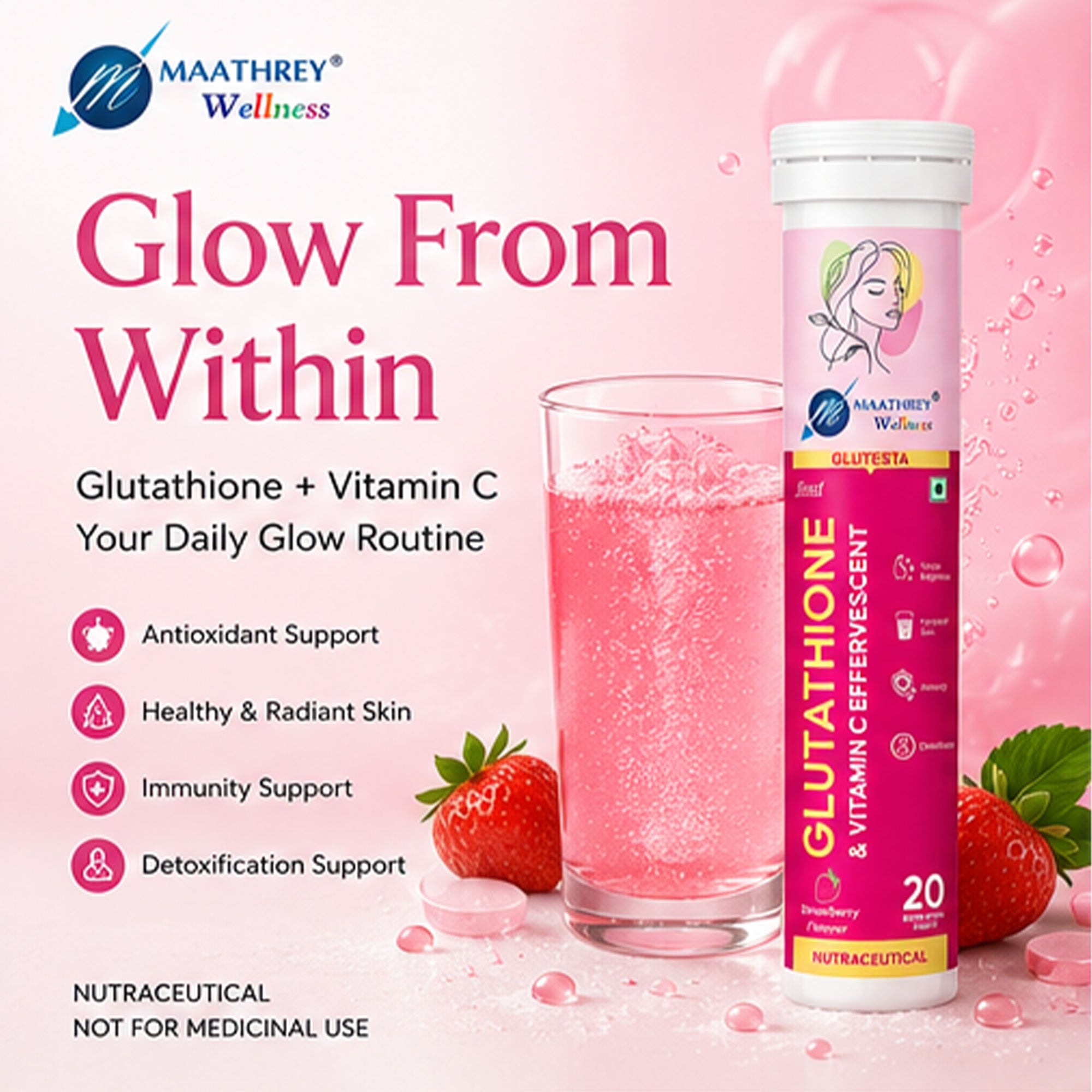GLUTESTA Glutathione & Vitamin C Effervescent Tablets – For Skin Wellness, Antioxidant & Immunity Support